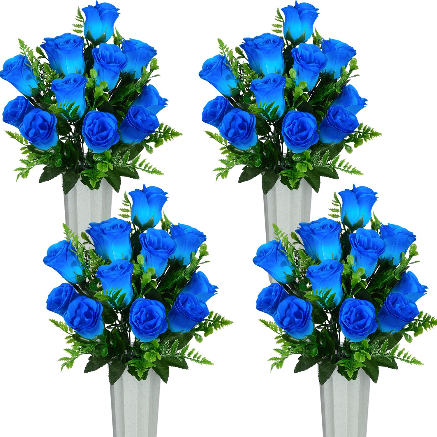 SIFOEL Artificial Cemetery Flowers with Vase, Artificial Rose Bouquet Grave Memorial Flowers for Cemetery Headstones Decoration (Blue-4Pcs)
