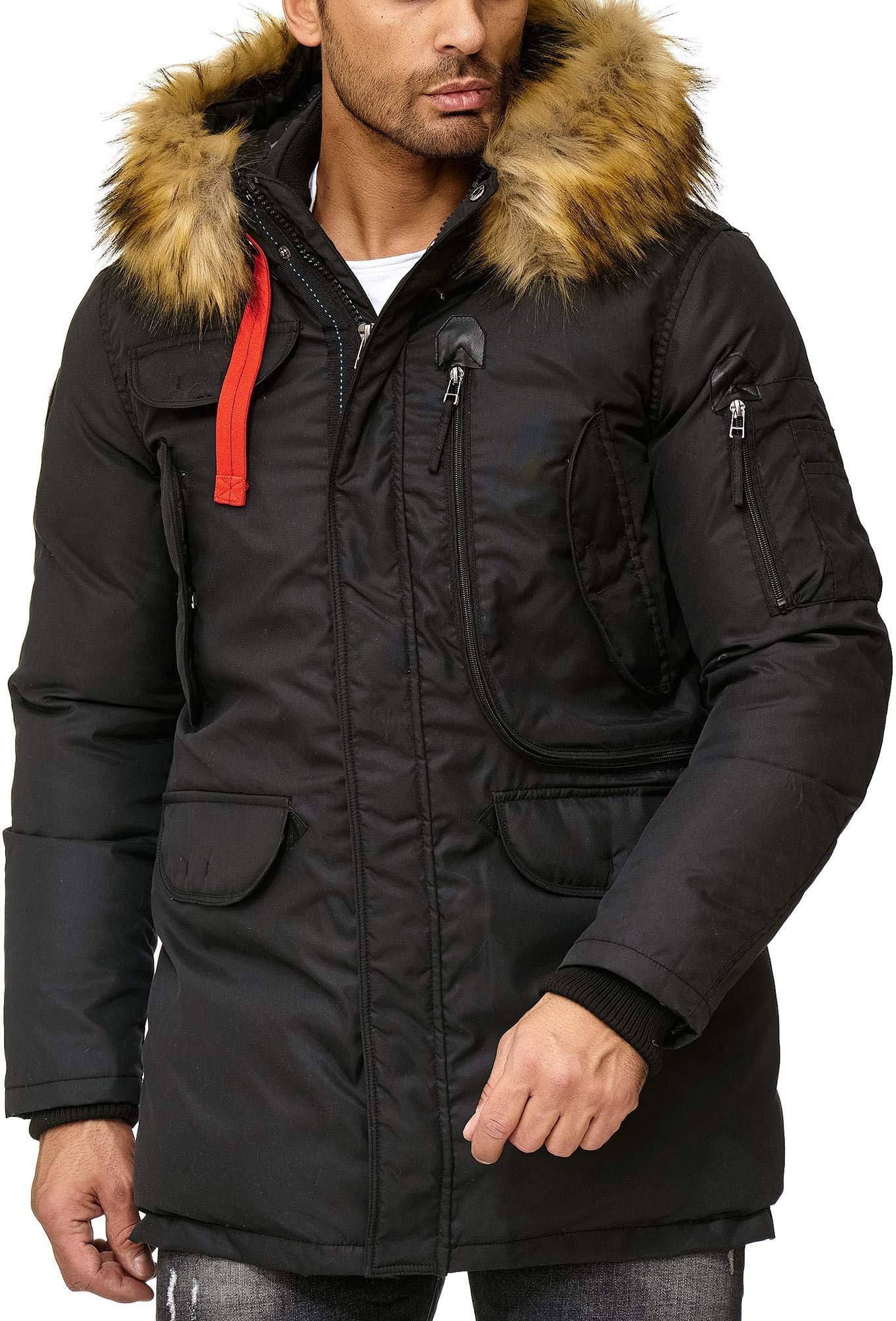 Red Bridge - Men's Thick Winter Jacket with Large Bags and Furry Hood