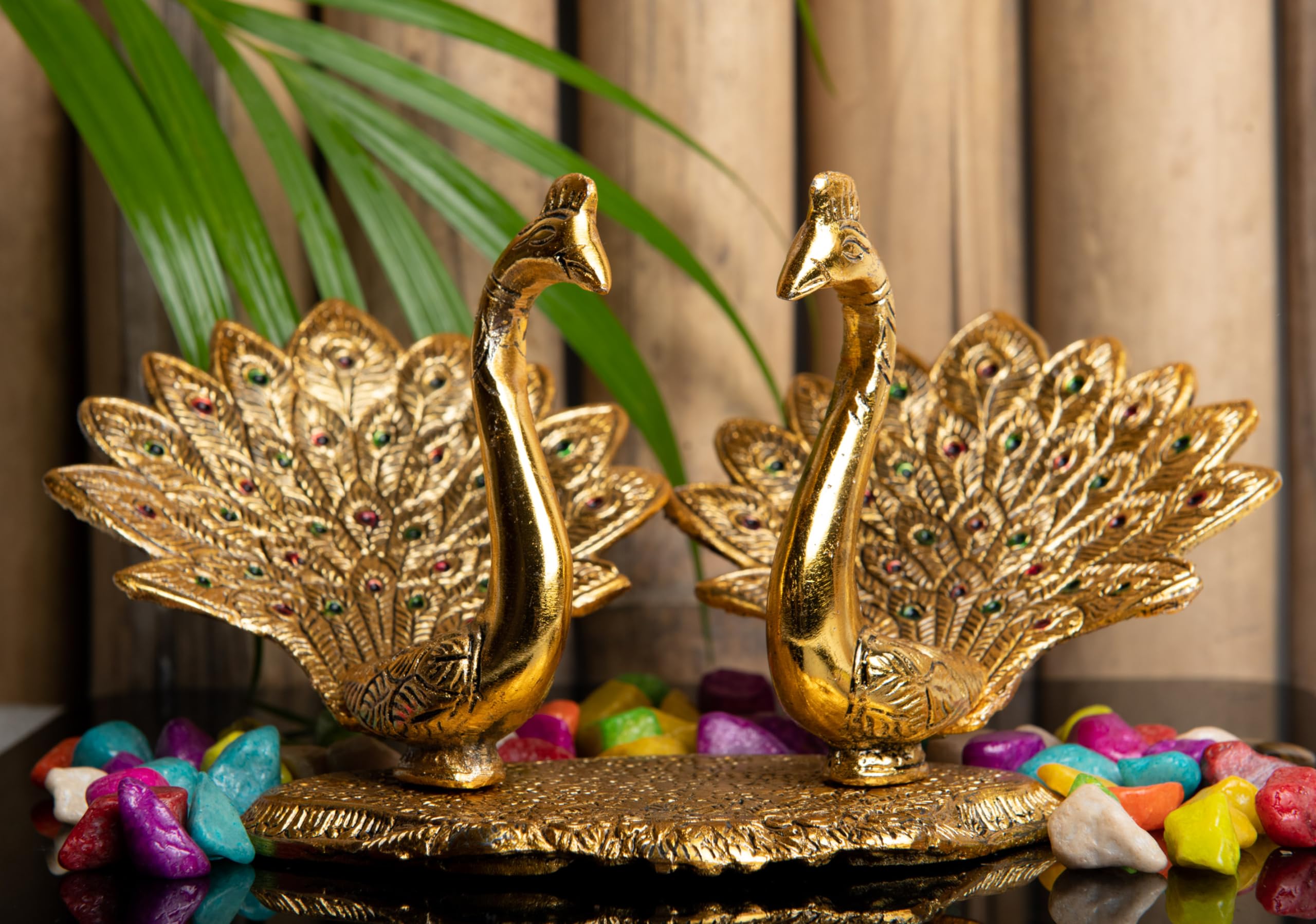 Aluminium Golden Color Plated Laxmi Ganesha Idol with Platter Plate for Puja Diwali Gift Items Deepawali Decorations Indian Dhanteras Pooja Statue Thali (Peacock Showpiece)