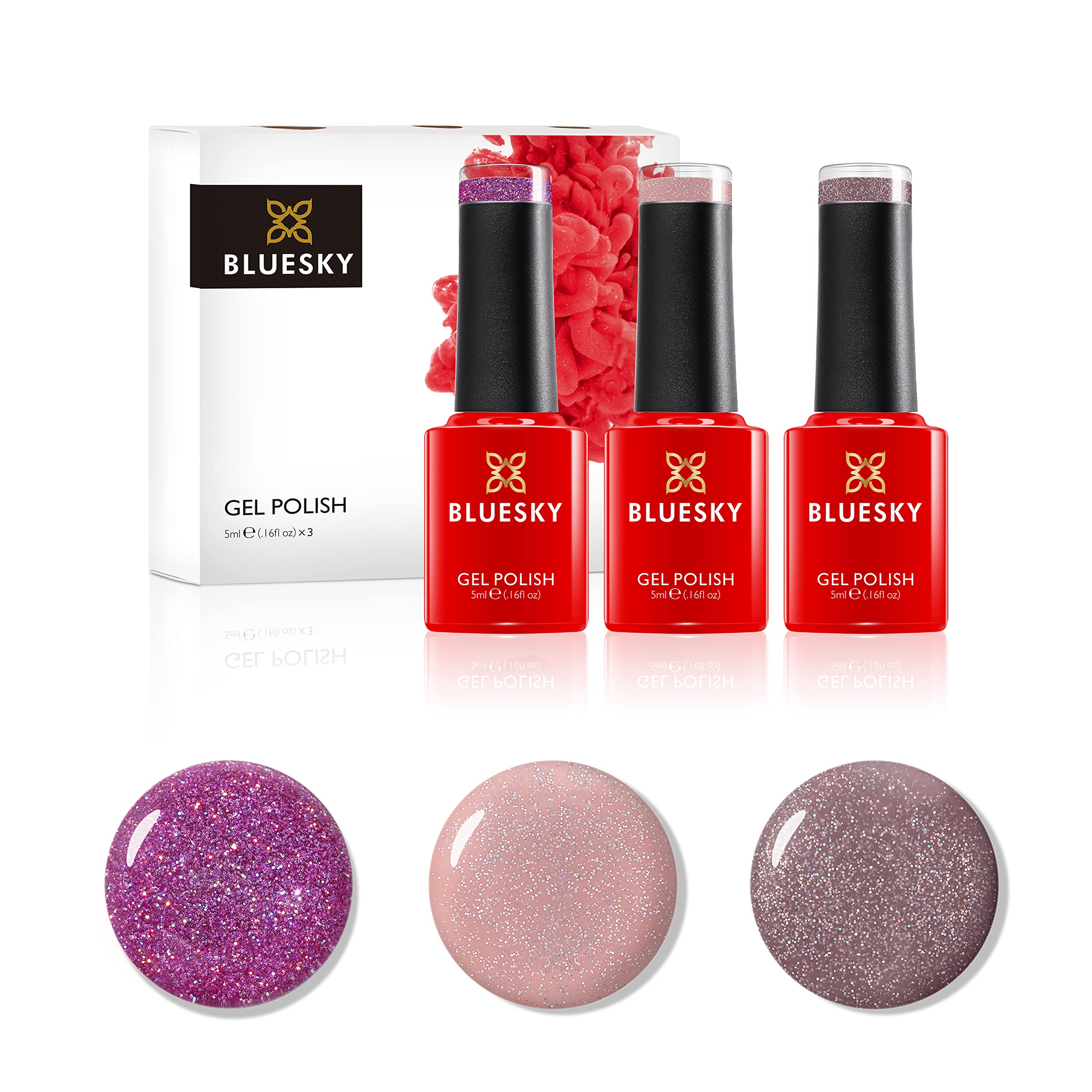 Bluesky Gel Nail Polish Set, 10 Year Anniversary Collection, Set 2, 3 x 5 ml, Pink, Mauve, Nude, Pastel, Fine Glitter (Requires Curing Under UV or LED Lamp)