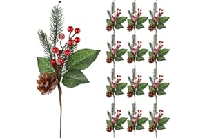 Boao 12 Pcs 11'' Large Christmas Pine Picks Tree Decoration Red Berry Picks and Sprays with Cone Artificial Fake Branches Snowy Floral Flower Holly Pine for Tree Crafts Decor Faux Stem