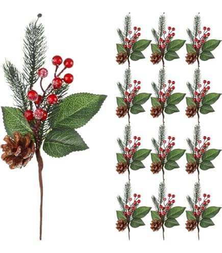 15 Brins Décoratifs Noël Avec Baies De Houx - Pins Artificiels Rouges, Argent, Or, Pour Sapin Et Centres De Table