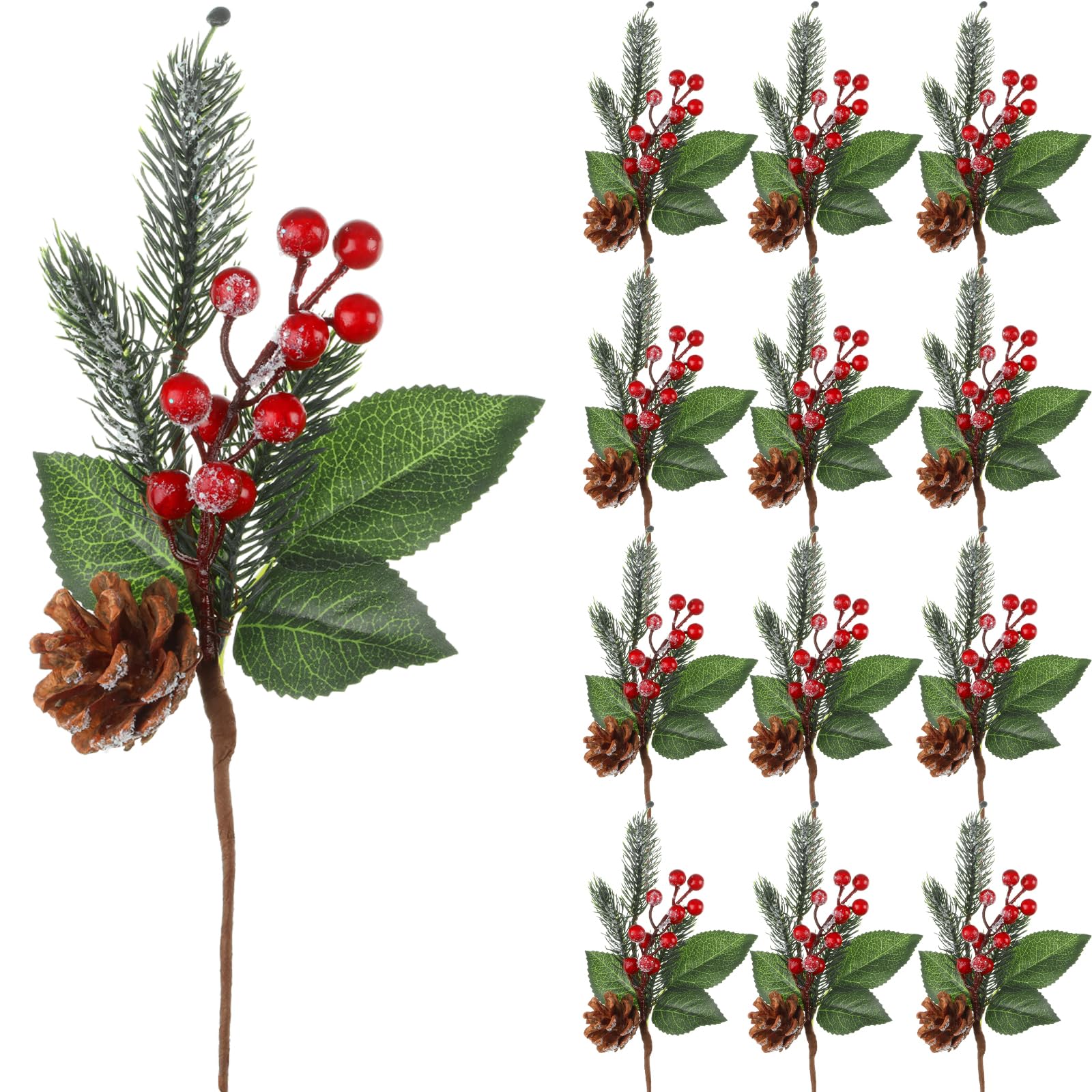 Boao 12 Pieces Pine Snowy Flower Picks Artificial Holly Red Berry Pine Cone Picks Fake Berries Pine Cones for Christmas Crafts Party Festive Home Decor 11 Inch Flexible Stems