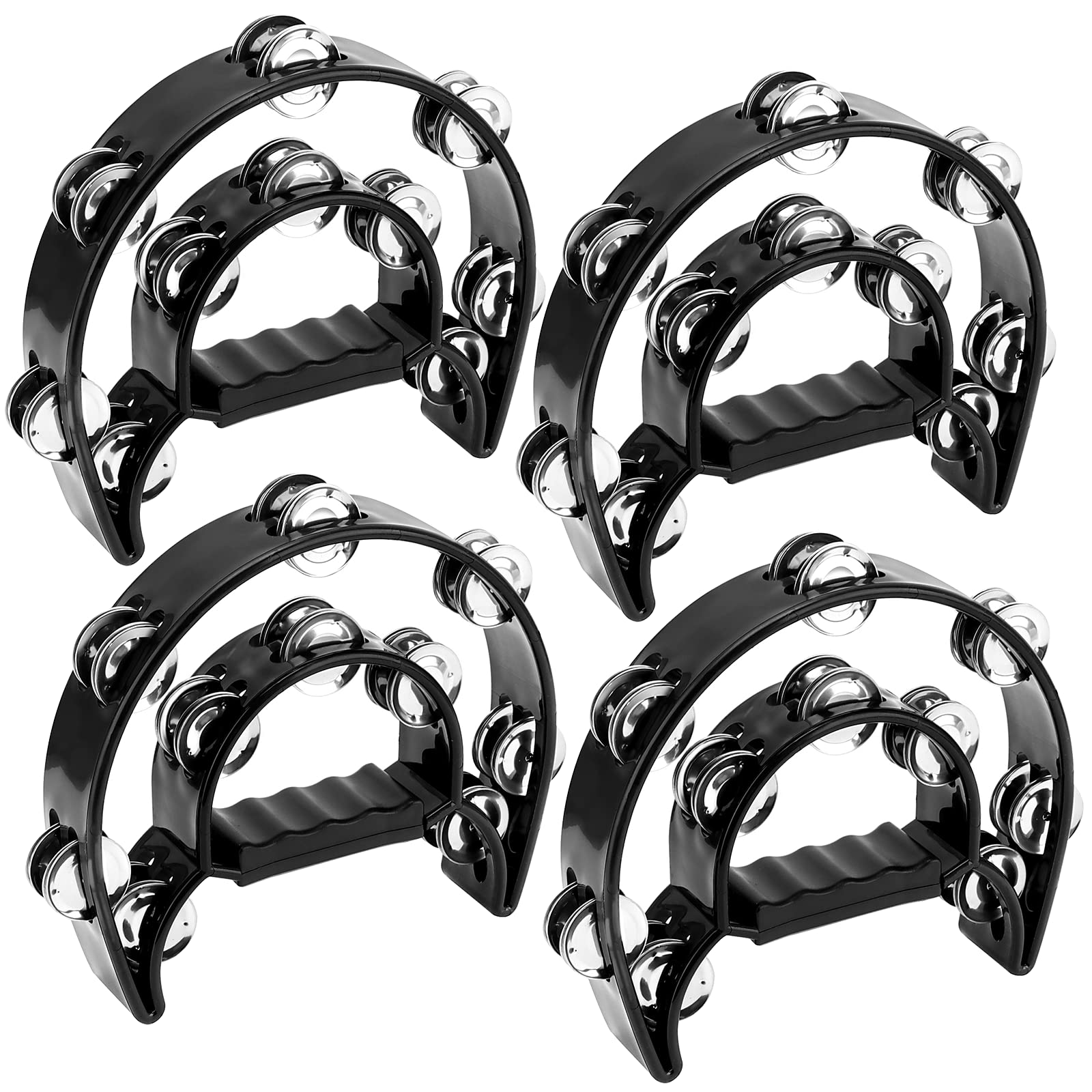 JOIKIT 4 PCS 230 x 200 x 48mm Black Double Row Tambourine, Musical Tambourine with Double Row Metal Jingles, Half Moon Hand Held Tambourines for Musicians Singers Bands KTV Party