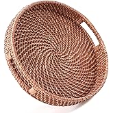 HITOMEN 11.8" Hand-Woven Round Rattan Serving Tray Decorative Wicker Trays with Handles for Coffee Table (Honey Brown-M)