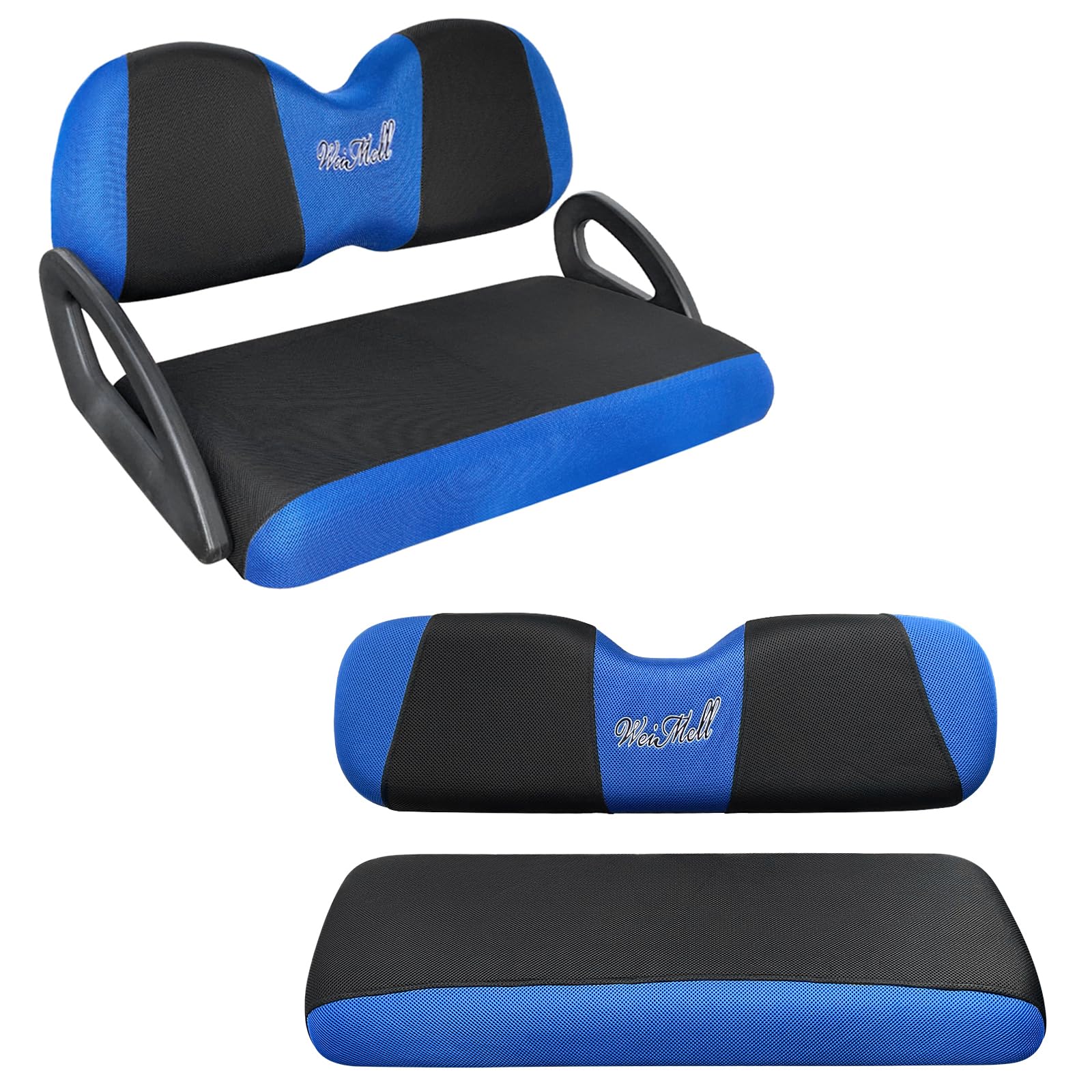 Photo 1 of WEIMELL Golf Cart Seat Covers Front and Rear Set Fit for Club Car Precedent Club Car Tempo Yamaha G29 Front Seat Cushion and Aftermarket Universal Back Seat Cushion Covers Black&Blue