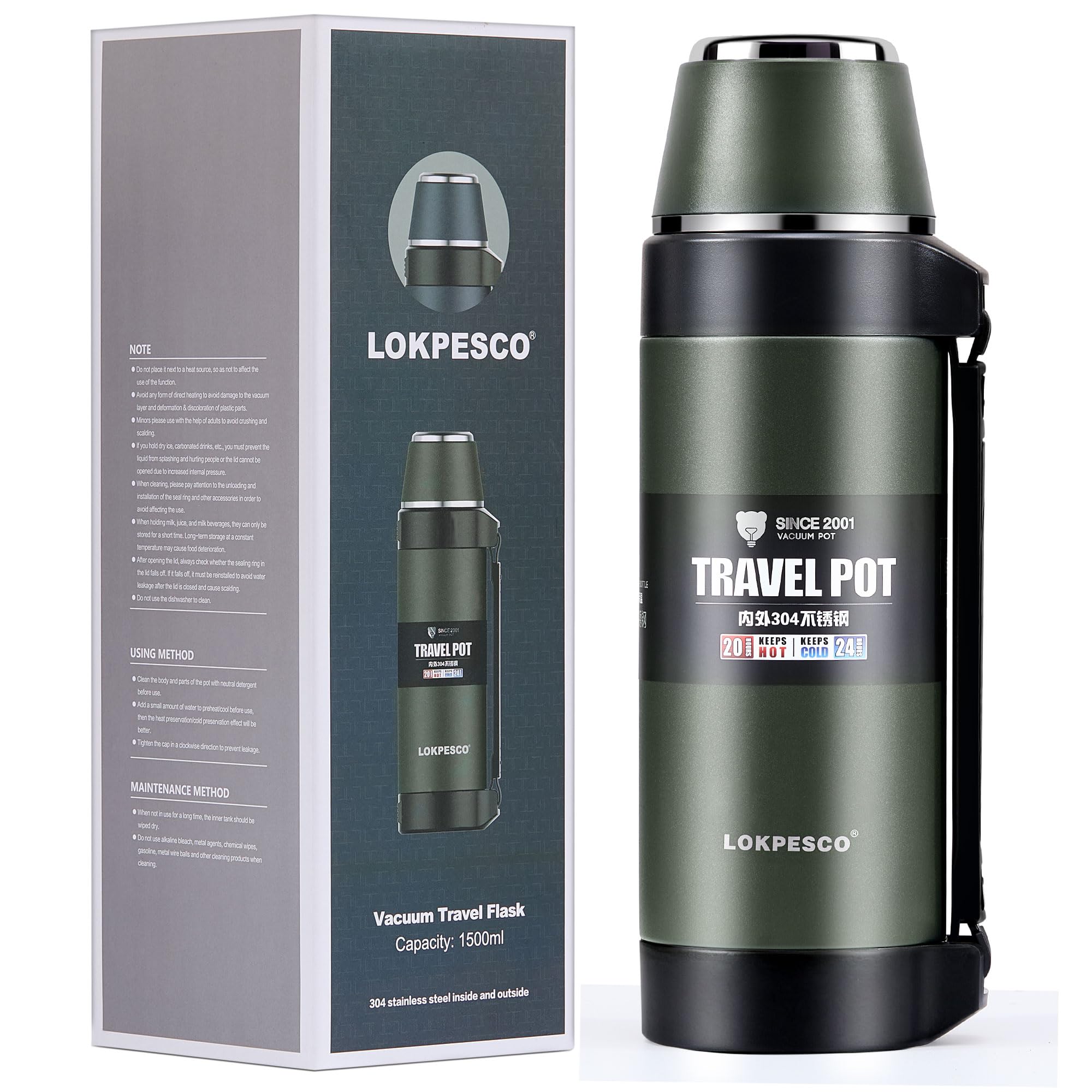 LOKPESCO Flask for Hot Drinks, 1.5L Coffee Thermo Flasks, 24 Hrs Hot|Cold, Stainless Steel Insulated Hot Water Bottle, Double Wall Thermal Flask for Outdoor Home Office, Leak-Proof, BPA-Free