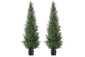 TRESIL Set of 2 Pre-Potted 5 Feet Faux Cedar Tree, Lifelike UV Protected Front Door Decor, Porch, Garden, Entryway Topiary, Indoor/Outdoor Use - Ready to Display