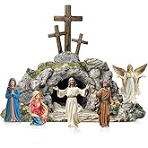 Bucherry 7 Pcs Easter Resurrection Scene Set Religious Wooden Easter Cross Shaped Table Decoration Jesus Nun Statue Centerpieces Christian Figurines Empty Tomb Easter Scene for Home Easter Gift