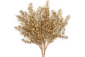 CATTREE Artificial Plants for Christmas, Plastic Grass Faux Shrubs Fake Leaves Simulation Sharp Bushes Home Indoor Outdoor Garden Wedding Festival Decoration Hall Table Planter Filler – Gold 2 Pack