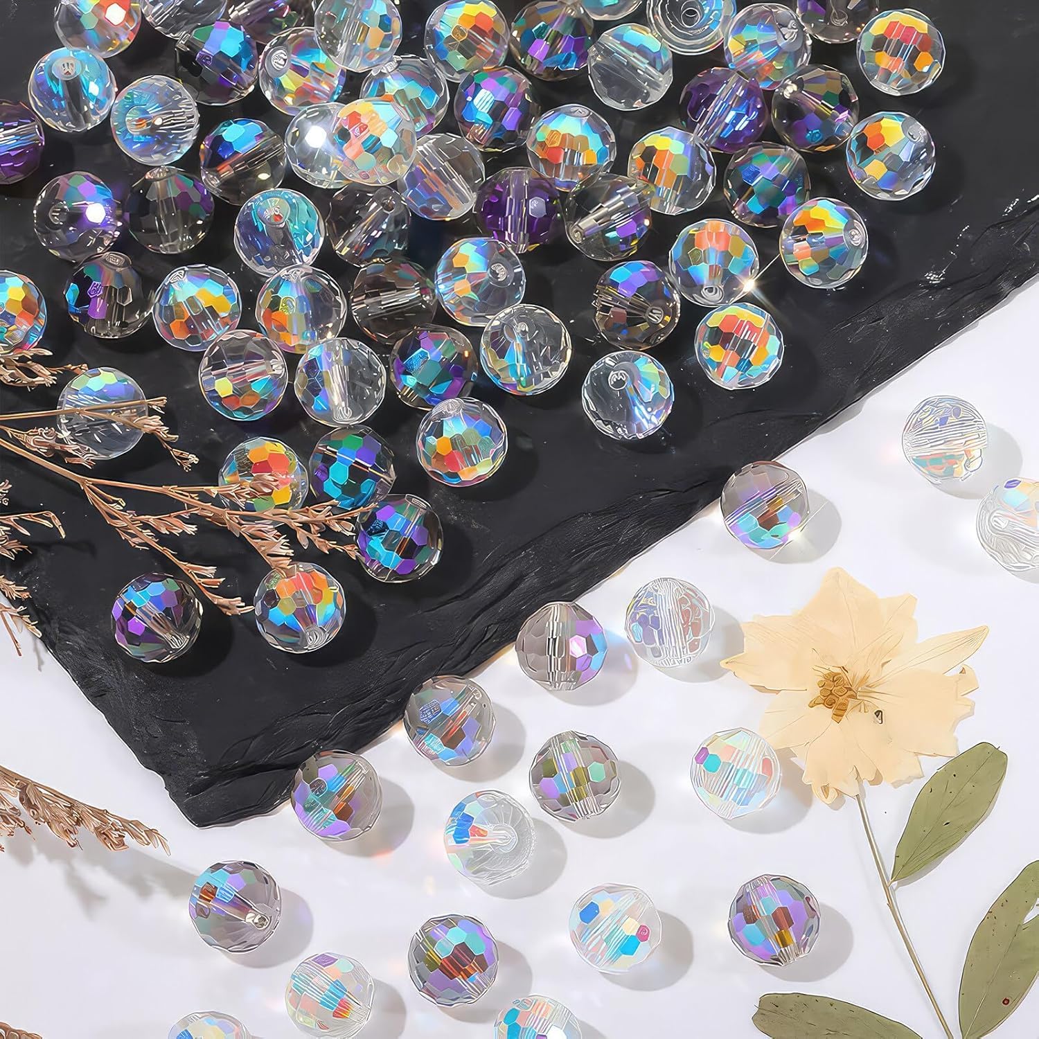 Briolette Faceted Glass Beads, Clear with AB Color, 10mm Round Crystal Beads - 100 Pcs (Crystal Silver) for DIY Craft Bracelets & Necklaces