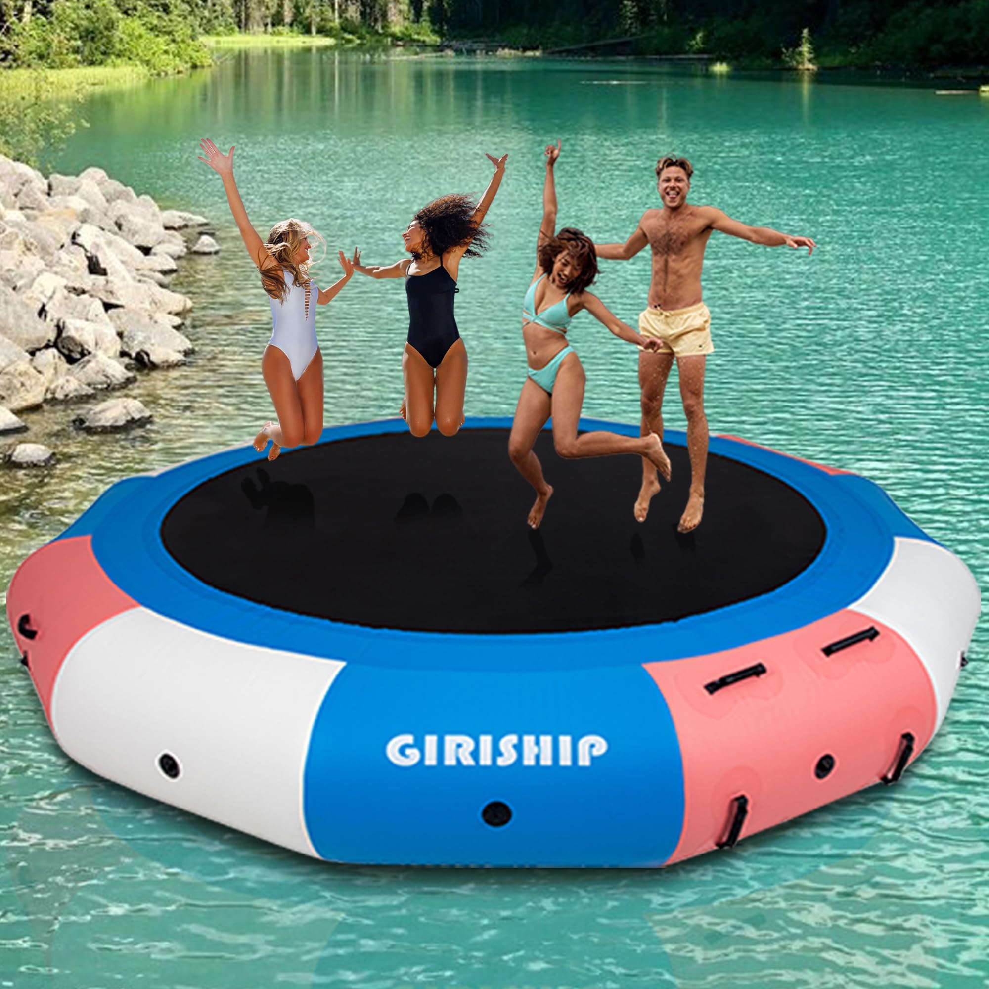Photo 1 of Inflatable Water Trampoline, 10/12/15FT Floating Lake Trampoline for Adults Portable Bounce Swim Platform for Lake, Pools with Pump and Rope Ladder (Blue Pink)
