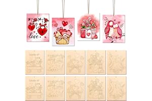COCHIE 10 Pieces Large Valentines Day Unfinished Wood Crafts to Paint for Adults, Bulk Predrilled Wooden Ornaments for Painting, Heart Pattern Paintable Wood Slices Craft Supplies with Ropes