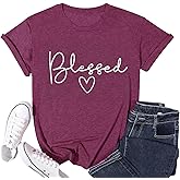Blessed T-Shirt for Women Cute Heart Graphic Letter Print Sayings Shirts Casual Short Sleeve Thankful Tee Tops