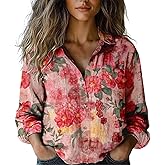 LOVESHOOT Women's Button Down Shirts 2025 Vintage Floral Boho Lapel V Neck Long Sleeve Blouses Dressy Casual Top with Pocket Red Flower Size M