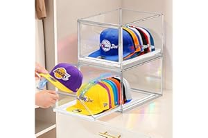 sunoyar Clear Hat Organizer Box with Drawer, Stackable Baseball Cap Container Storage Bin, Hats Display Case with Sliding Tra