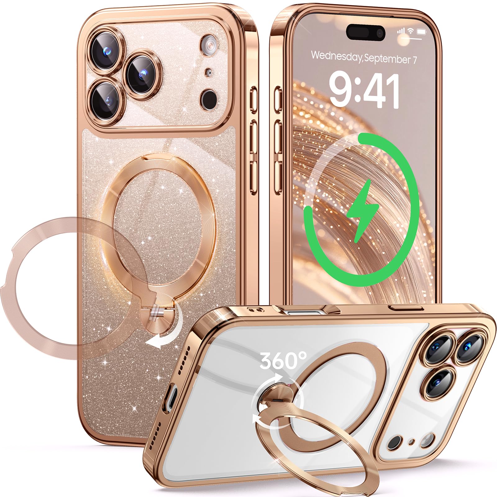 Photo 1 of 360° Spin CD Stand for iPhone 17 Pro Case Compatible with Magsafe Ring [Never Yellow][DIY Glitter Cardstock] Camera Protection Plating Clear Cute Phone Case for Women Girls 6.3'', Desert Titanium