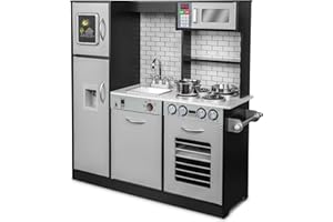 Lil' Jumbl Kids Kitchen Set, Pretend Wooden Play Kitchen, Battery Operated Icemaker & Microwave with Realistic Sound, Pots & Pan Included - Charcoal