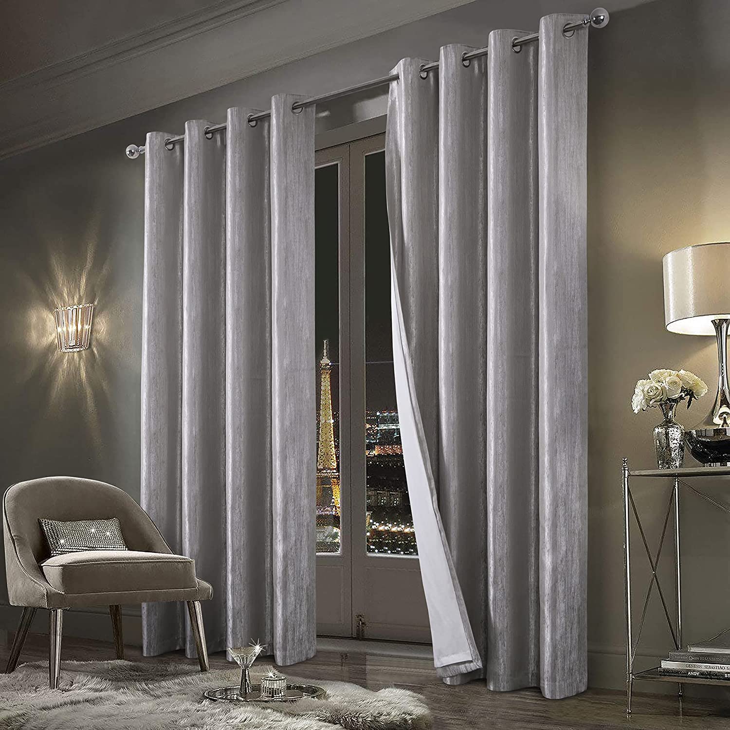 always4u Textured Jacquard Curtains Eyelet Fully Lined Room Darkening Window Drapes for Living Room Home Decoration Pair of Silver 90x90 Inches