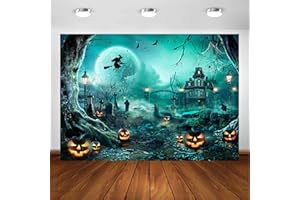 Avezano Halloween Photography Backdrop Full Moon Scary Night Castle Pumpkins Party Background Spooky Witch Bats Cemetery Child Kids Halloween Party Decorations Photoshoot Backdrops (7x5ft, Green)