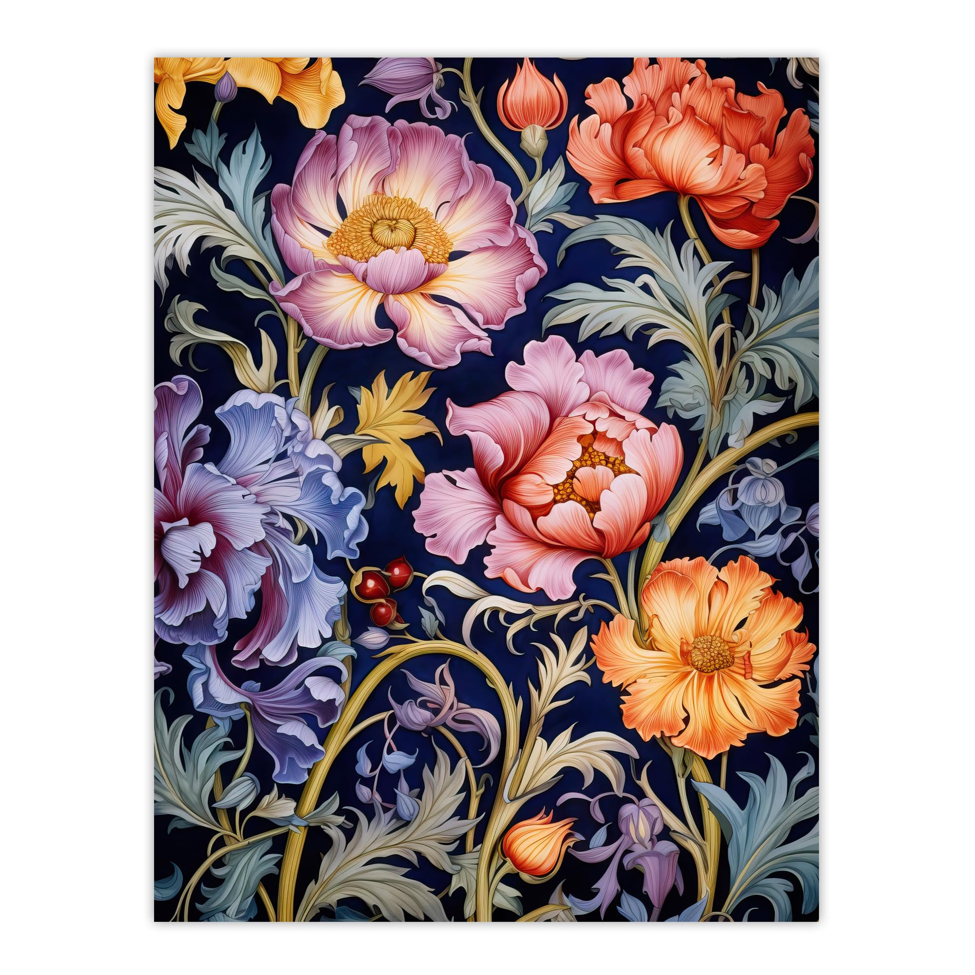 Artery8 Modern William Morris Style Elegant Anemone Flowers Floral Pattern Colourful Artwork On Blue Extra Large XL Wall Art Poster Print