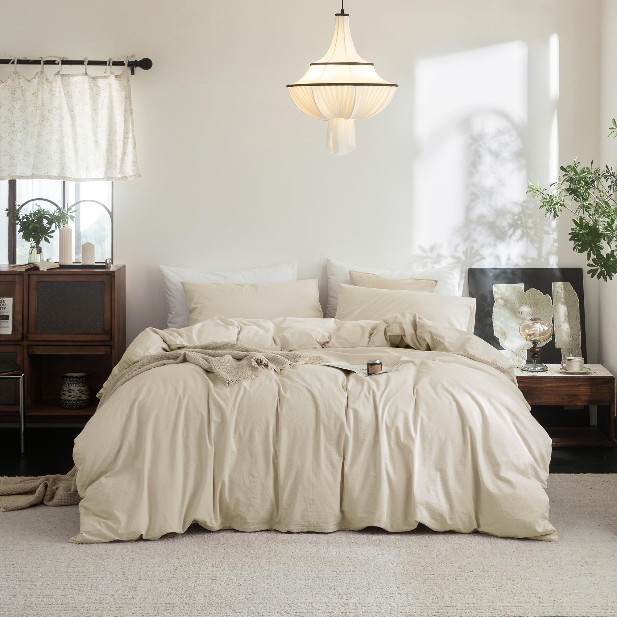 Photo 1 of FOSSA Duvet Cover Set 100% Washed Cotton Linen Feel Super Soft Breathable Cozy 3 Pieces Bedding Sets Solid Almond Grey Twin