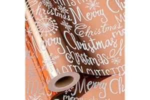 MAYPLUSS Foil Christmas Wrapping Paper - 17 Inch X 33 Feet - Girly Rose Gold MERRY CHRISTMAS Script and Snowflake Girl Winter