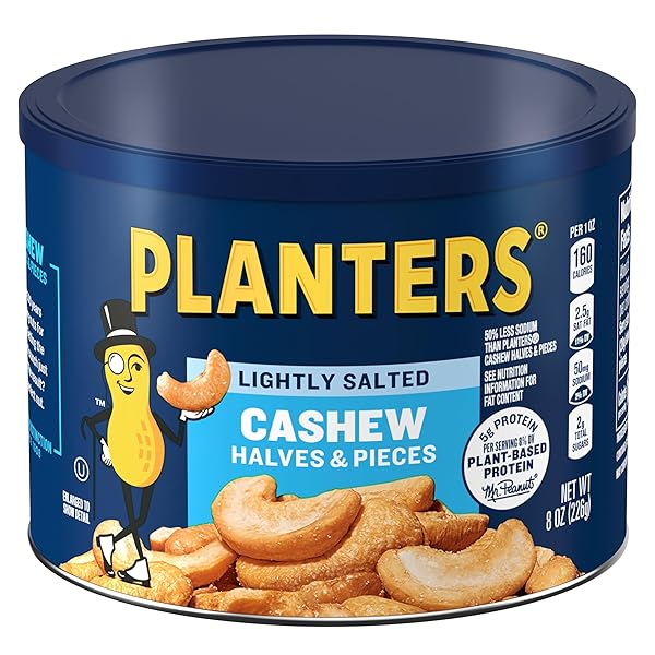 PLANTERS LIGHTLY SALTED CASHEWS, CASHEW HALVES & PIECES, PLANT-BASED PROTEIN, 8 OZ CANISTER, GREAT PARTY SNACK