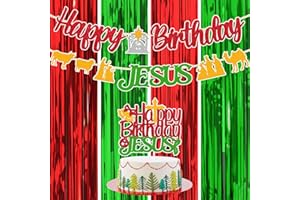 LEVVCIRKI Happy Birthday Jesus Decorations Jesus Nativity Scene Banner Cake Topper Red Green Foil Curtains Backdrop for Christian Winter Merry Christmas Holy Cross Bell Garland Jesus's Bday Party Supplies