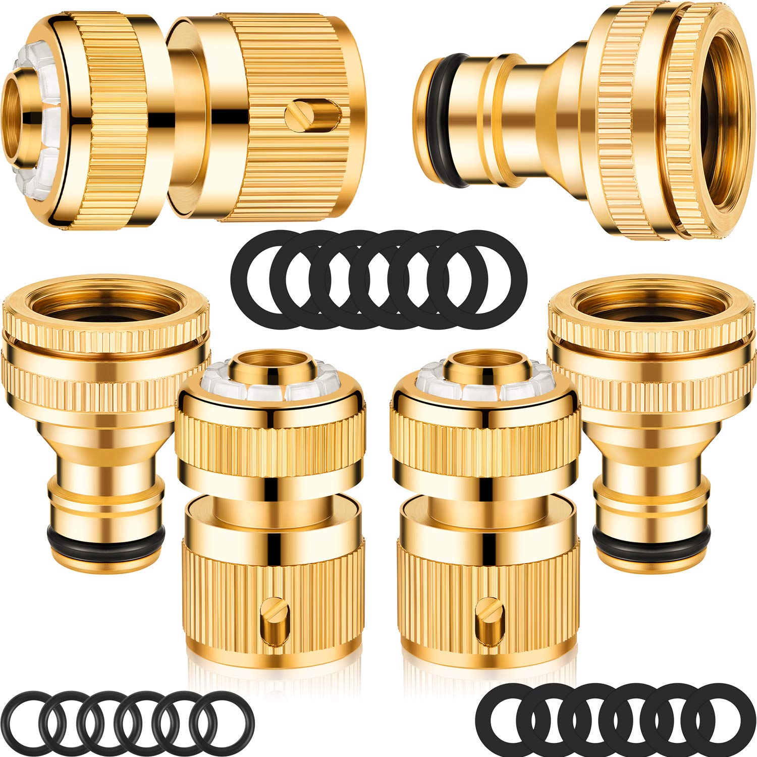 Outus 6 Pieces Brass Hose Tap Connectors 1/2 Inch and 3/4 Inch 2-in-1 Faucet Adapter Garden Quick Connector with 18 Pieces Sealing Ring Shower Hose Washer for Garden Pipe Tub