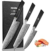 Huusk Damascus Chef Knife Set - 3 PCS Kitchen Knives Professional, Razor Sharp 67 Layers Damascus Japanese Knife Set for Kitchen with Wood Handle, Ideal Christmas Gifts for Men Women