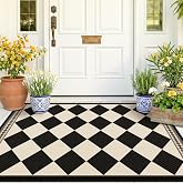 Black and White Diamond Outdoor Easy Jute Front Porch Rug 3x5, Washable Non-Slip Checkered Entryway Rug, Modern Farmhouse Boho Low Pile Indoor Beige White Carpet for Living, Kitchen, Mudroom, Laundry