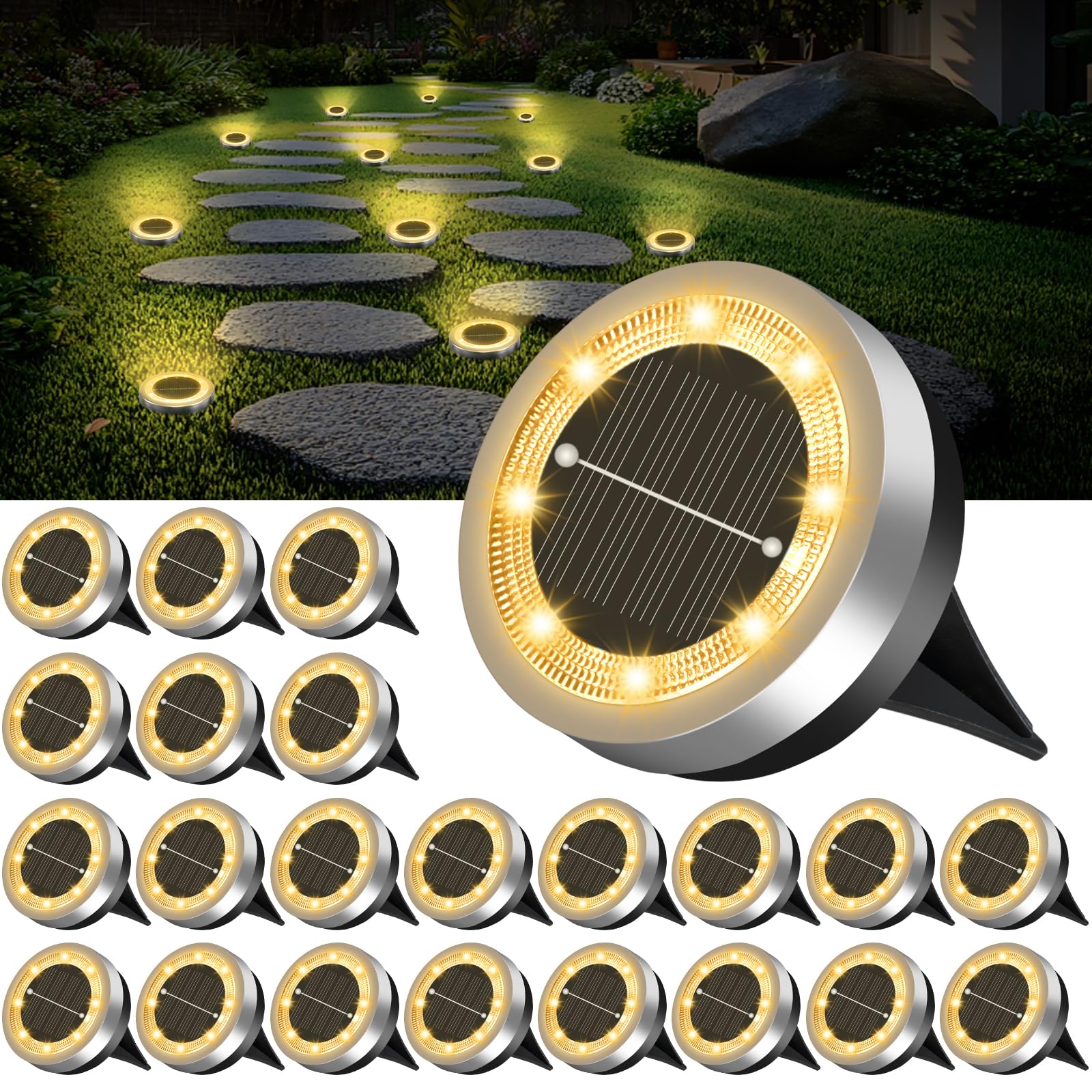 Photo 1 of Mini Solar Ground Lights Outdoor 24 Pack Waterproof Upgraded Anti-Rust Solar Flat Garden Lights Stainless Steel Solor Powered Disc Landscape Light for Pathway Walkway Yard Lawn Patio-Warm White