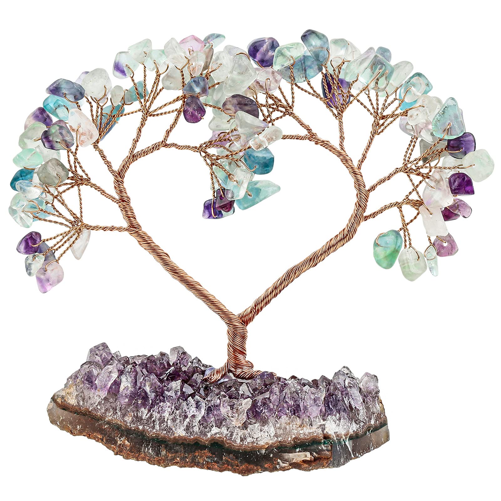 mookaitedecor Fluorite Love Heart Crystal Tree with Amethyst Cluster Crystal Base, Healing Semi Precious Stone Money Tree Feng Shui Ornaments for Wealth Luck Wedding Desk Decor