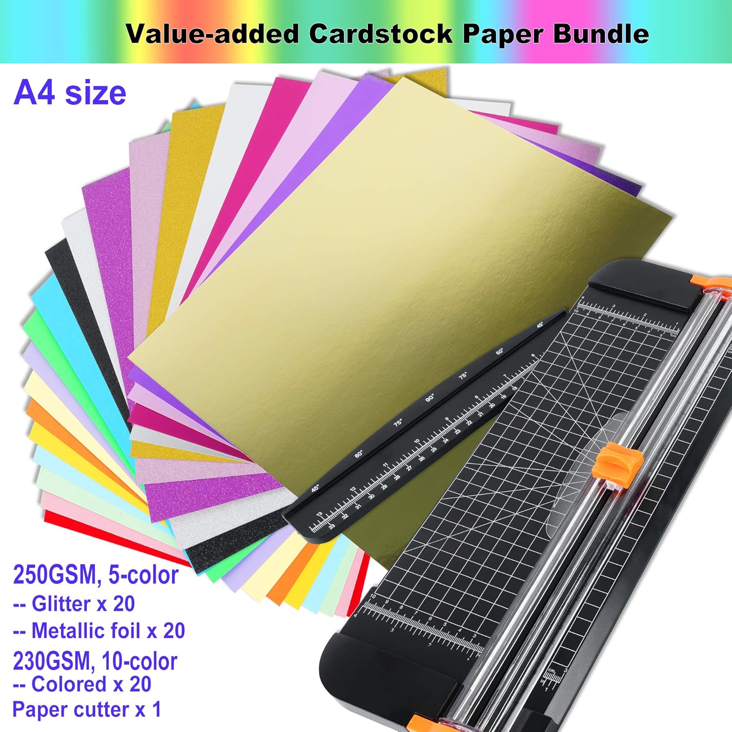 HIRALIY Glitter Cardstock Paper Cutter Bundle, 60 Sheets Assorted A4 Glitter Sheets Metallic Foil Paper with Colored Craft Cardstock for Party Decor Scrapbook Origami Circuit Maker : Office Products