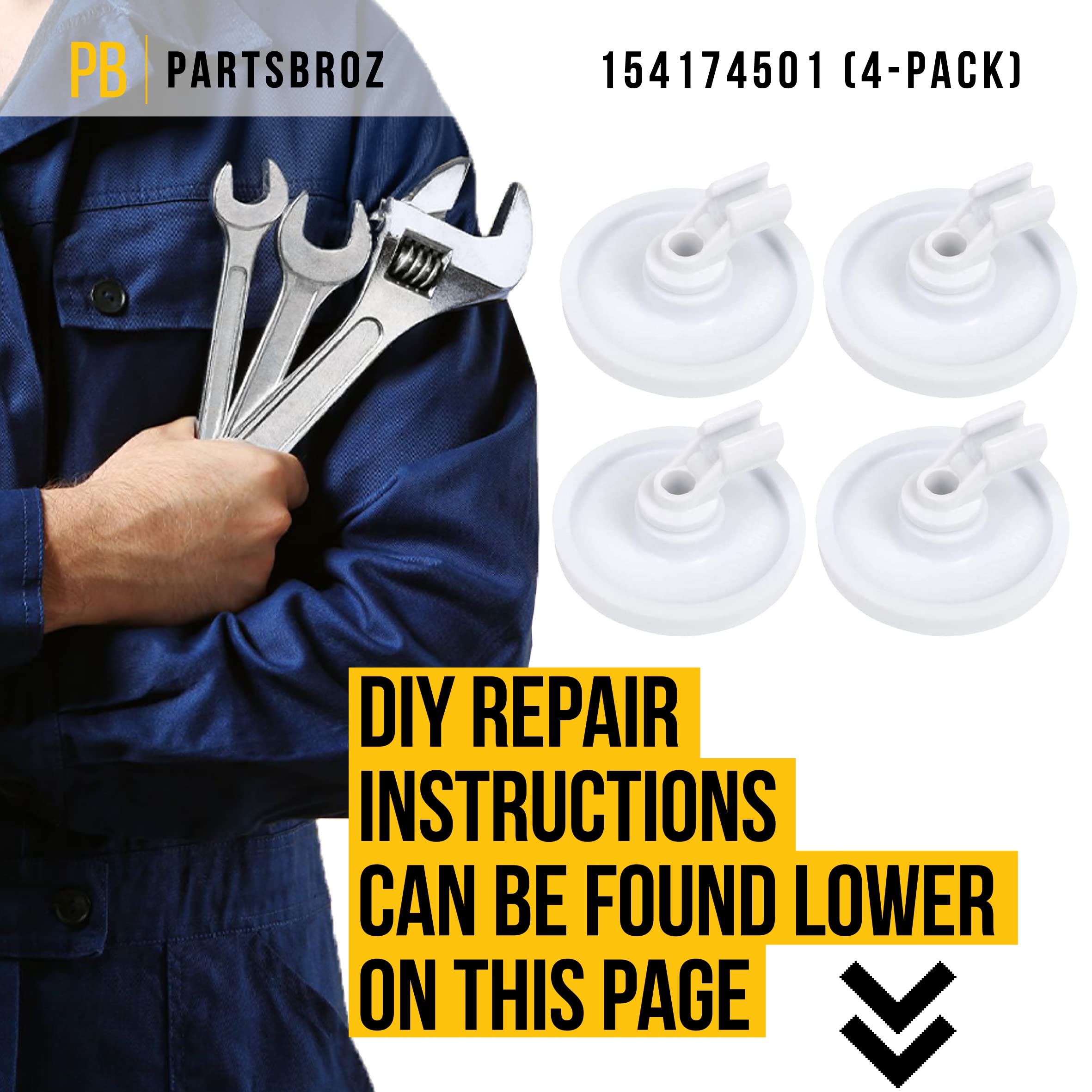 PartsBroz 154174501 5300809640 5304532229 Dishrack Wheels & Bracket Assembly (4-Pack) - Compatible with Frigidaire Kenmore Gibson Dishwasher - Replaces AP7195062 5304521179 5300809640 154174503