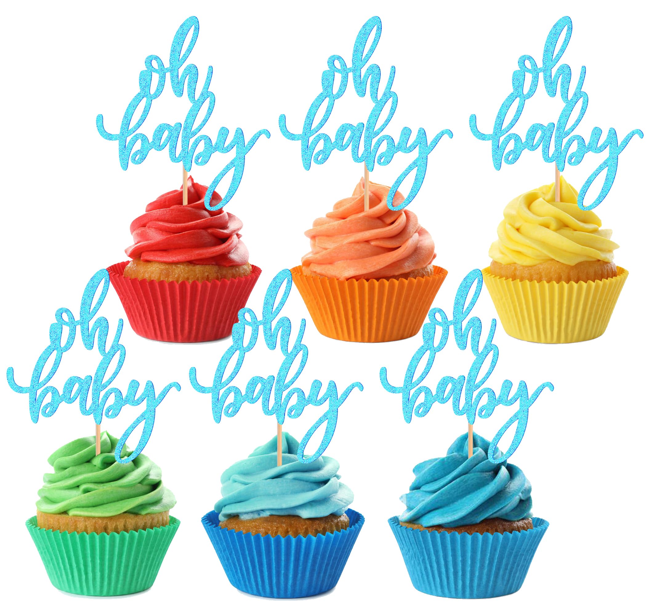 Photo 1 of 24Pack Oh Baby Cupcake Topper - Glitter Light Blue Baby Shower Cupcake Picks, Gender Reveal Cupcake Decorations Supplies (Light Blue)