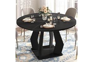 IBF Black Round Dining Table for 4-6, 47 Inch Kitchen Table with Spacious Tabletop Modern Circle Dining Table, Wood Dinner Table Pedestal Base for Dining Room, Kitchen,Living Room,Office