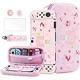 HYPERCASE Pink for Nintendo Switch OLED Case Accessories Kit, Cute Switch OLED Carry Travel Bag with Shoulder Strap, Hard Cover Skin with Screen Protector & 2 Thumb Caps -Cartoon Bunny
