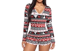 NUFIWI Womens Christmas Romper Bodycon One Piece Pajamas Long Sleeve Graphic Jumpsuit Shorts Xmas Sexy Bodysuit Pjs