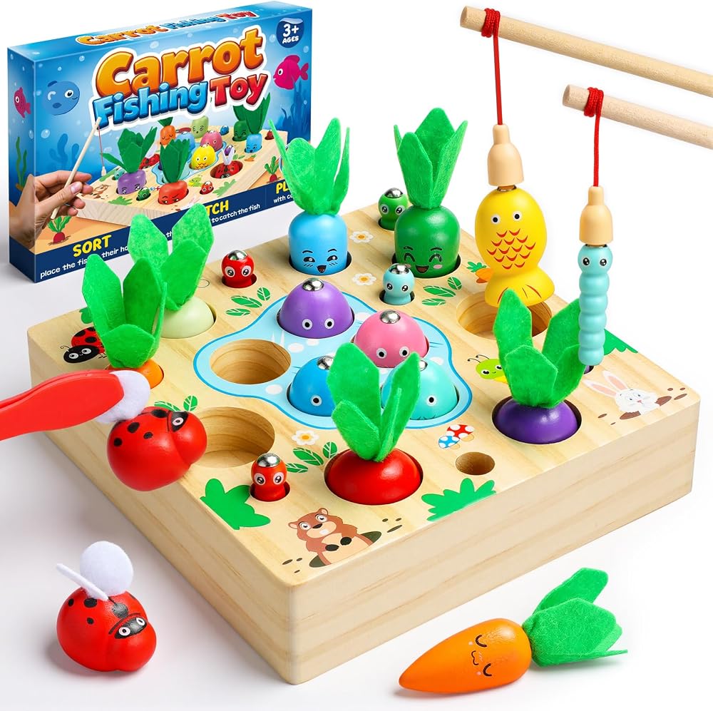 COOLJOY Wooden 4 in 1 Magnetic Fishing Montessori Toy for Toddlers