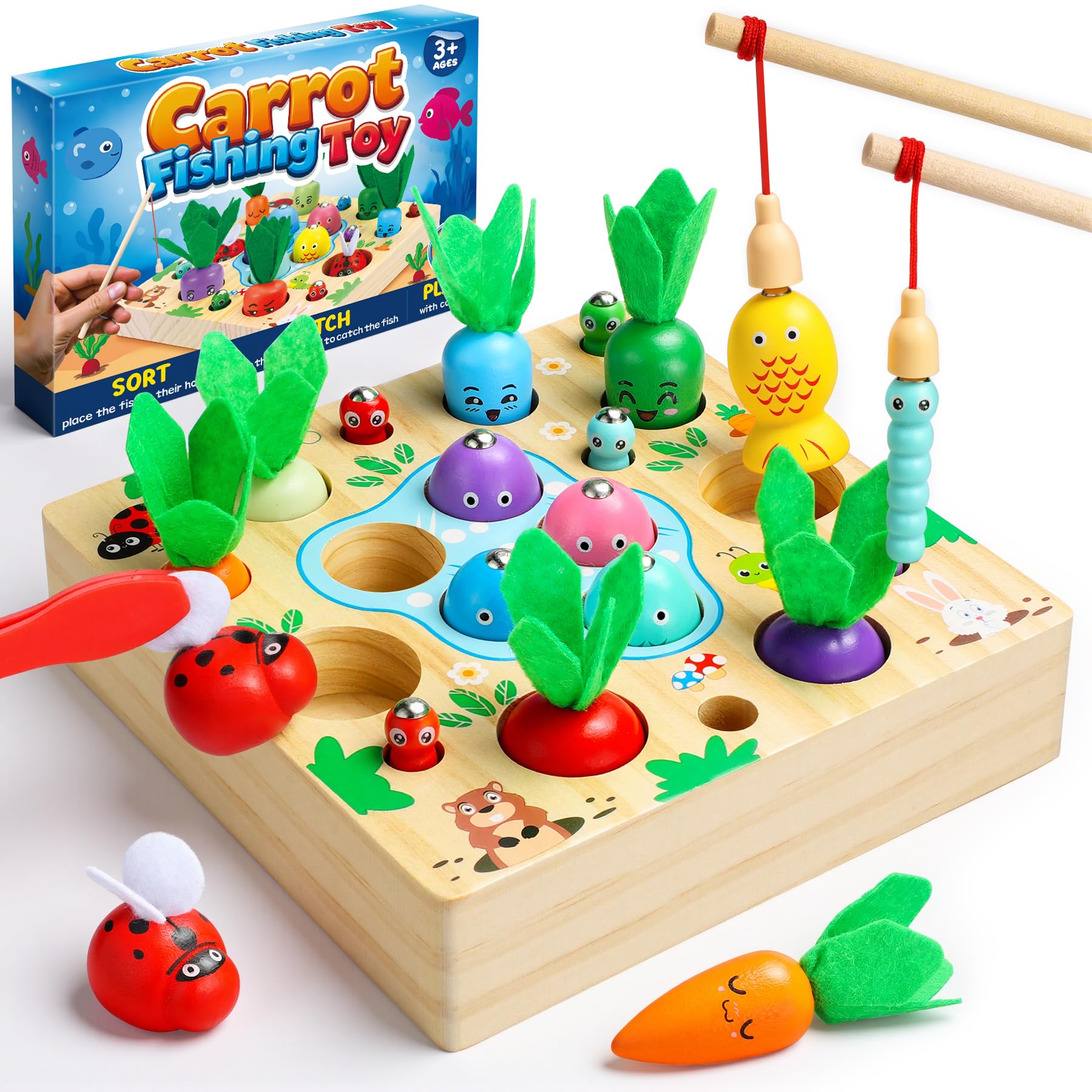 COOLJOY Wooden Fishing Game Toy, 4 In 1 Magnetic Montessori Toys for 2 Year Olds, Carrots Harvest Toy Shape Sorter, Toddler Educational Gift for 2 3 4 Year Olds Girls Boys, Easter Gifts for Kids
