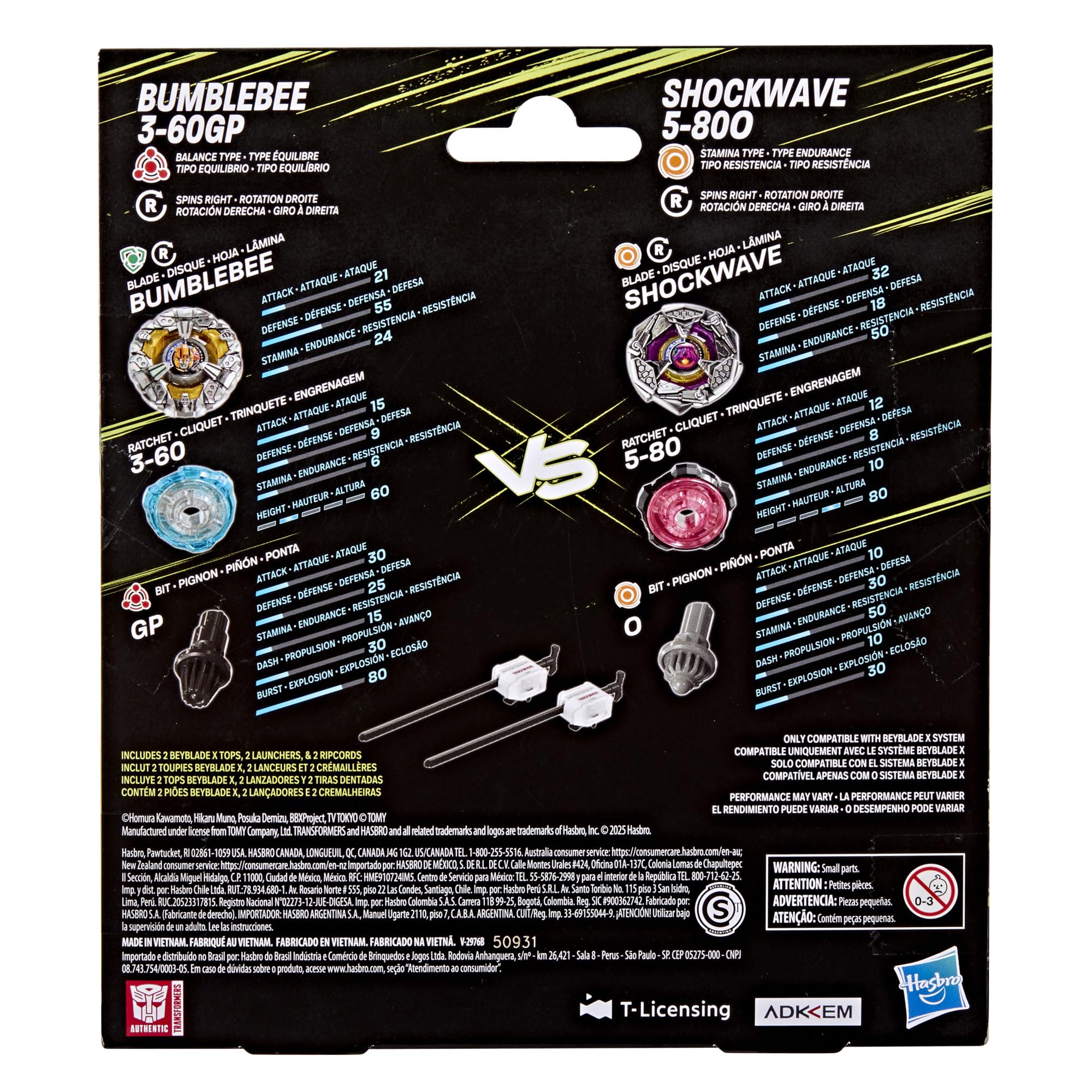 Beyblade X and Transformers Collab, Bumblebee 3-60GP vs. Shockwave 5-80O, 2 Takara Tomy Tops, 2 Launchers, Battling Top Game Toys, Ages 8+ (Amazon Exclusive)