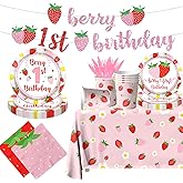 Berry First Birthday Decor Strawberry 1st Birthday Decorations for Girls with Plates, Napkins, Tablecloth, Cups Strawberry Party Decorations, Serve 20