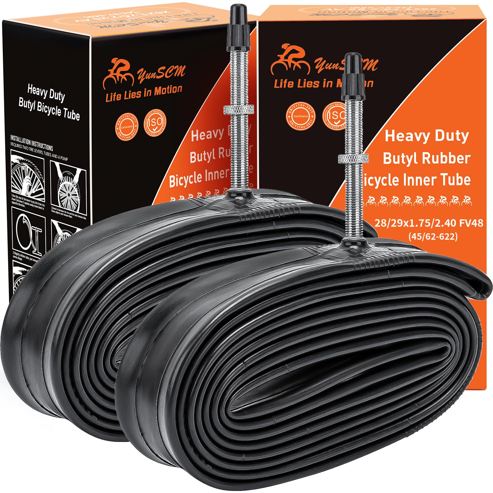 Photo 1 of YUNSCM 28"/29" Heavy Duty Bike Tubes 29x1.75/2.4 28x1.75/2.4 (45/62-622) Bike Tubes FV48mm Presta Valve Compatible with 28/29x1.75/1.95/2.0/2.1/2.125/2.2/2.25/2.3/2.40 Bike Bicycle Tire Tubes-2 PCS
