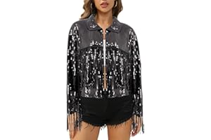 Naimo Women's Sequin Fringe Jacket Long Sleeve Open Front Blazer Sparkle Tassel Coat Metallic Bomber Jacket