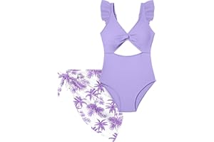 ADIRUN Girls One Piece Swimsuit Cut Out Ruffle Bathing Suit Twist V Neck Swimwear Solid Color with Cover Up Skirt 7-18T