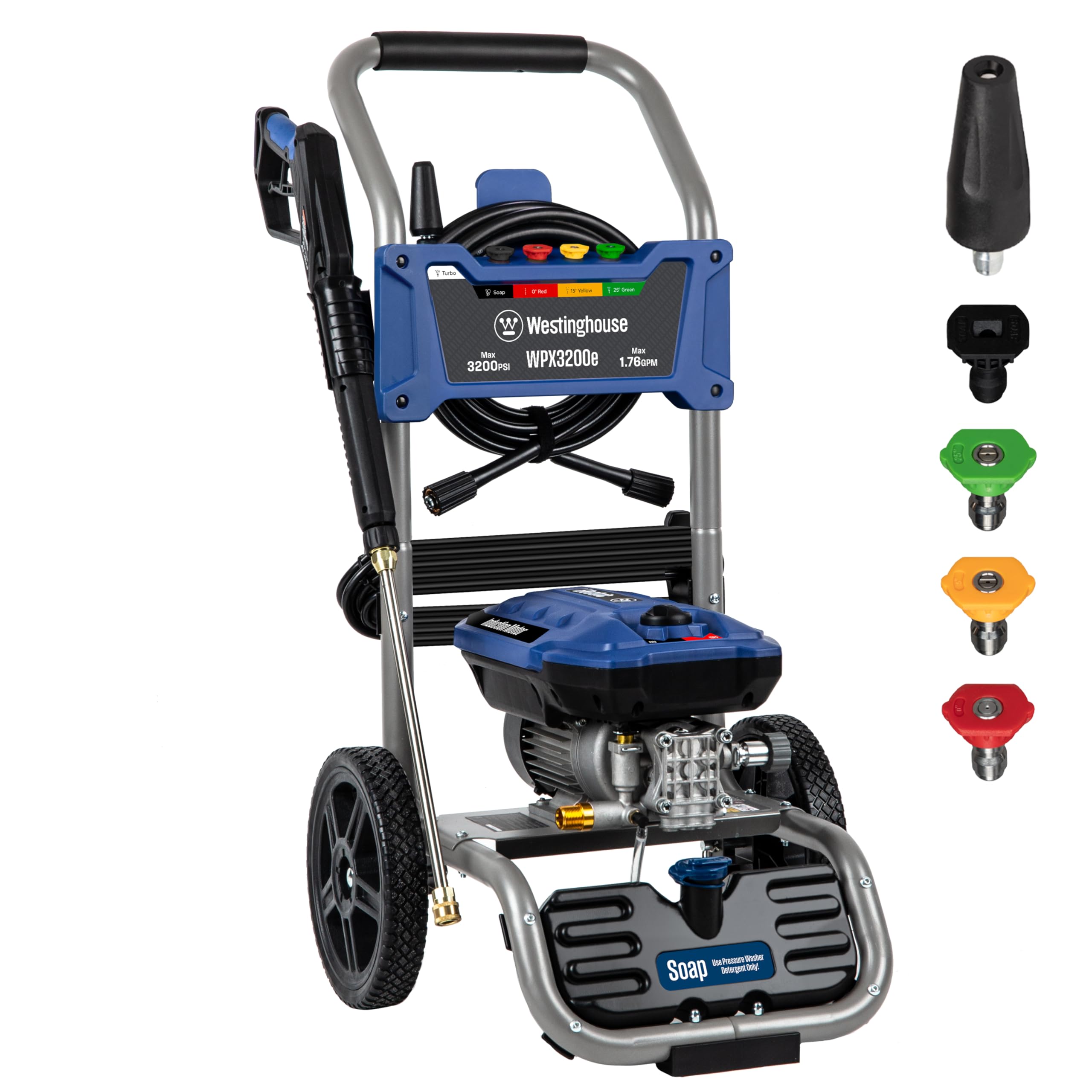 Westinghouse WPX3200e Electric Pressure Washer, 3200 PSI and 1.76 Max GPM, Induction Motor, Onboard Soap Tank, Spray Gun and Wand, 5 Nozzle Set, for Cars/Fences/Driveways/Homes/Patios/Furniture, Blue Image Westinghouse WPX3200e Electric Pressure Washer, 3200 PSI and 1.76 Max GPM, Induction Motor, Onboard Soap Tank, Spray Gun and Wand, 5 Nozzle Set, for Cars/Fences/Driveways/Homes/Patios/Furniture, Blue Image