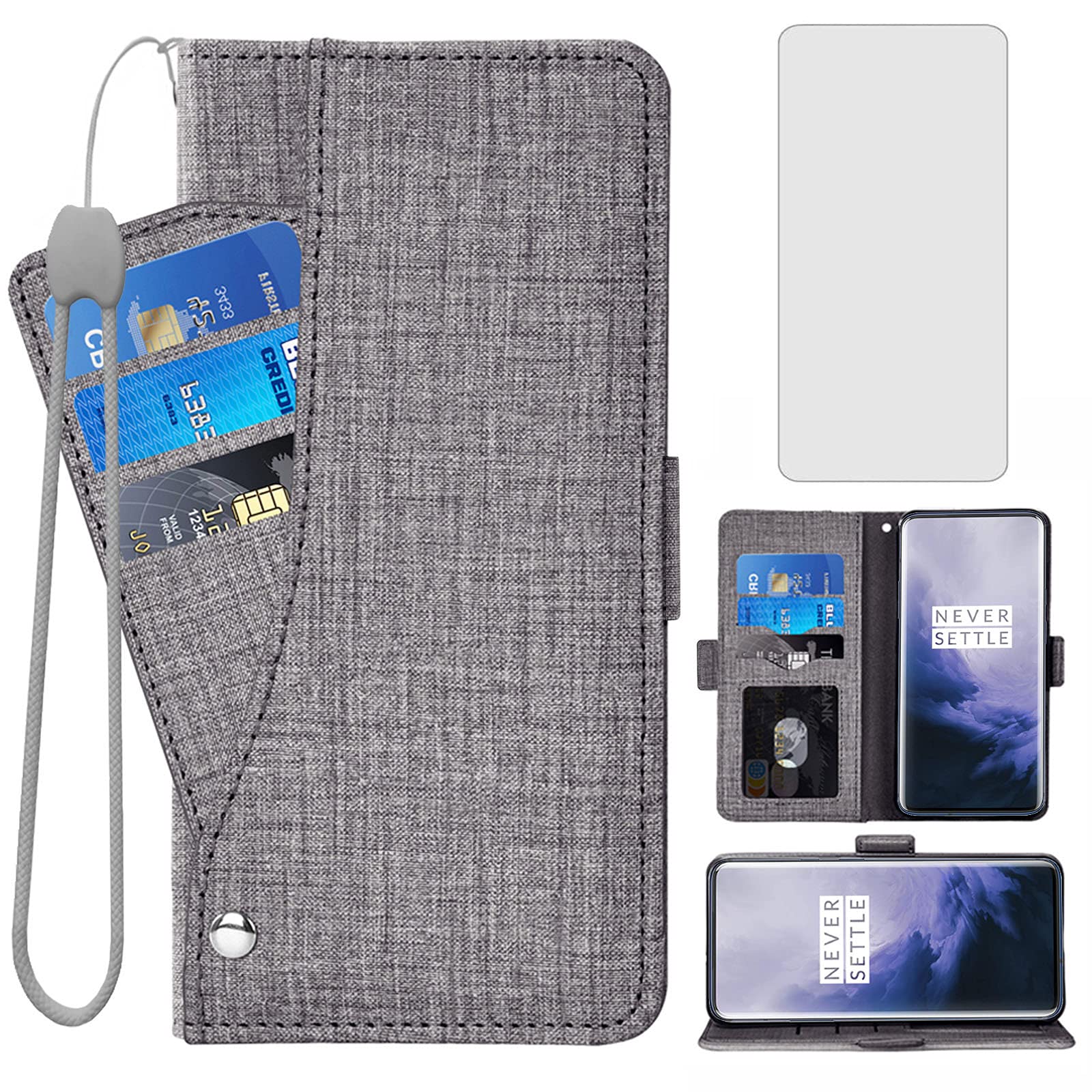 Asuwish Compatible with OnePlus 7 Pro Wallet Case Tempered Glass Screen Protector and Flip Cover Card Holder Cell Phone Cases for OnePlus7Pro 5G One Plus 1+7 1Plus OnePlus7 7Pro One+ 1 + Seven Black
