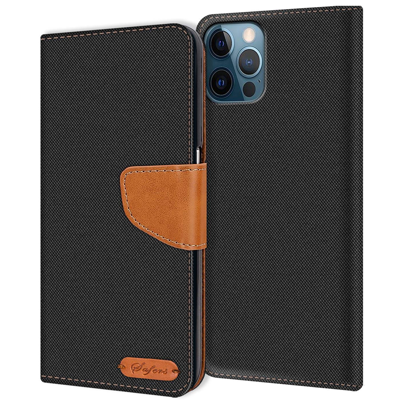 Verco Phone Wallet Case compatible with the Apple iPhone 12 Pro Max Case 6.7 inch, Canvas Faux Leather Book Cover for the iPhone 12 Pro Max Flip Case Bag Hinged - Black